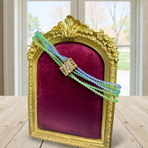 Vintage Blue & Green Glass Faceted Bead Multi-Strand Choker Collar Necklace - Picture 2 of 11